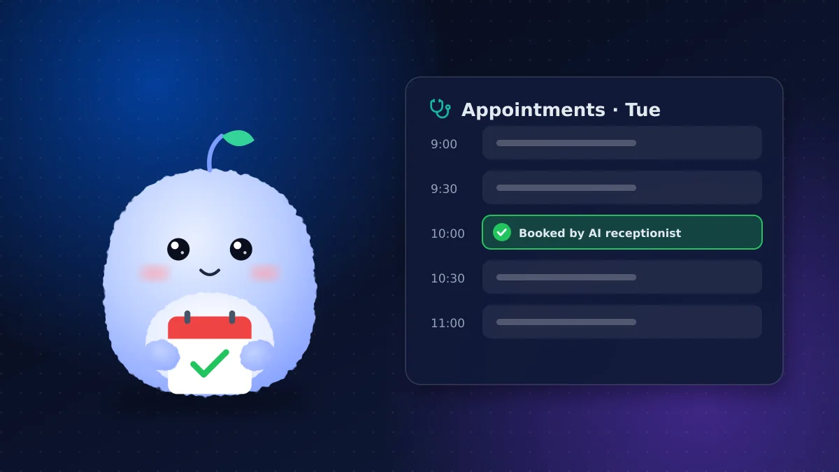 Clinic appointment schedule with a slot booked by an AI receptionist, beside headset, stethoscope and PHIPA safeguard icons