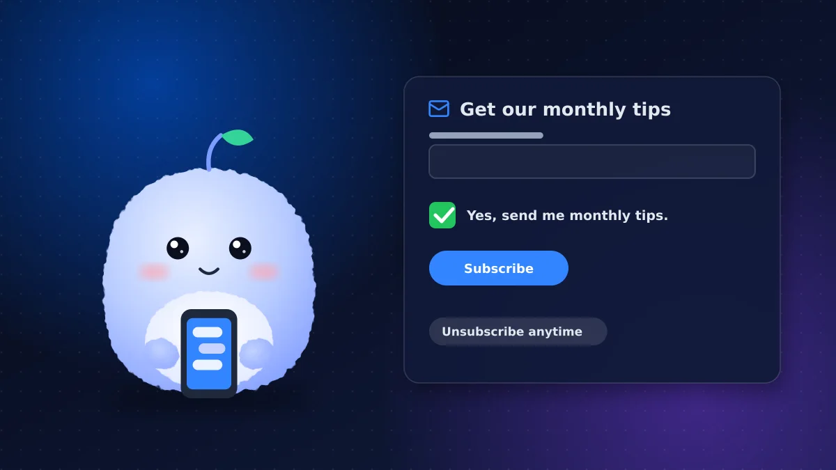 Mochi Agent, VMR's plush AI mascot, holding a phone beside an email sign-up form with a ticked consent checkbox and an unsubscribe-anytime note
