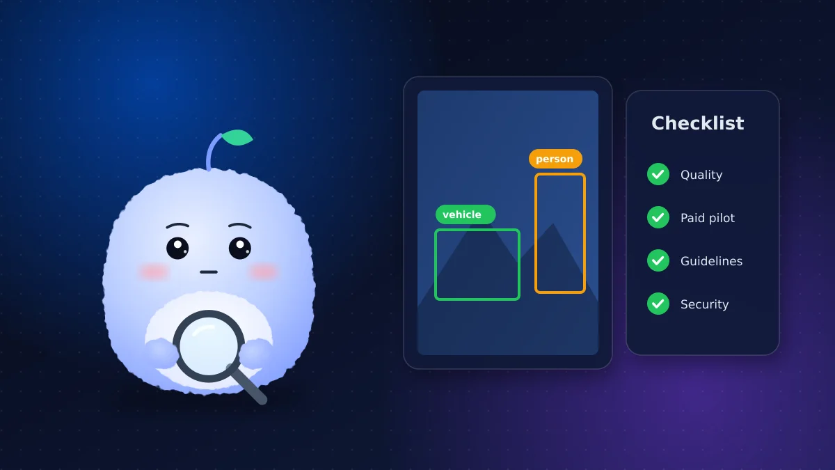 Mochi Agent, VMR's plush AI mascot, inspecting labelled bounding boxes with a magnifier beside a data annotation vendor checklist