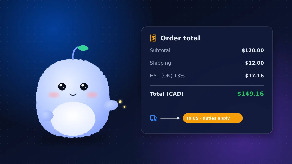 Mochi Agent, VMR's plush AI mascot, presenting a Canadian Shopify order total with HST on goods and shipping, and a delivery truck heading to the US