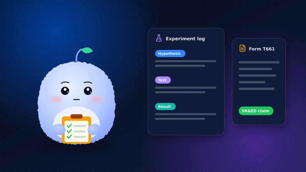 Mochi Agent, VMR's plush AI mascot, holding a clipboard and thinking beside an experiment log and a Form T661 SR&ED claim