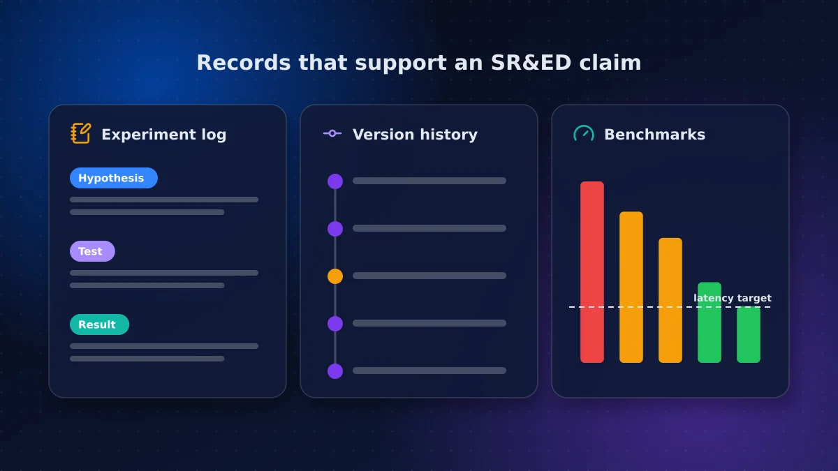 Developer workspace with an experiment log, version control history and benchmark chart documenting an SR&ED software project