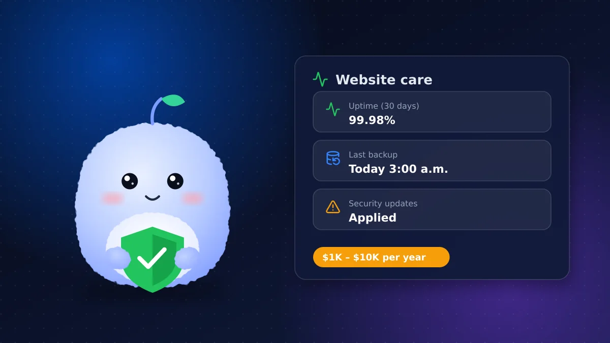 Mochi Agent, VMR's plush AI mascot, holding a shield beside a website care panel showing uptime, the latest backup and applied security updates