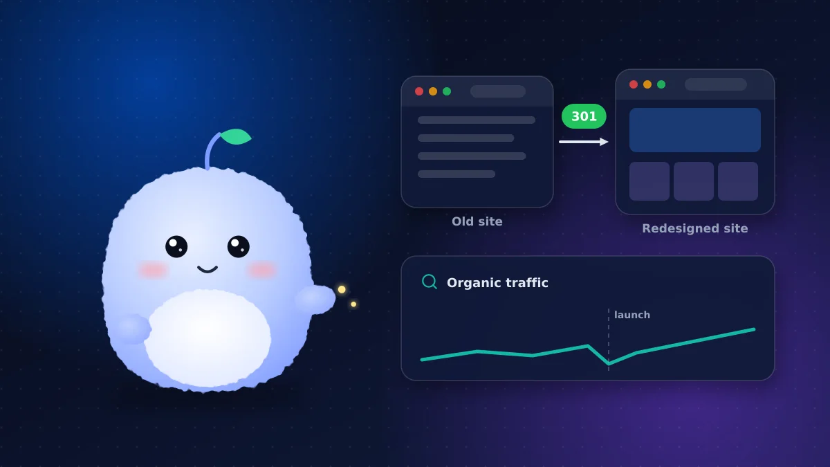 Mochi Agent, VMR's plush AI mascot, presenting an old website redirecting to a redesigned site with 301 redirects while organic traffic holds steady